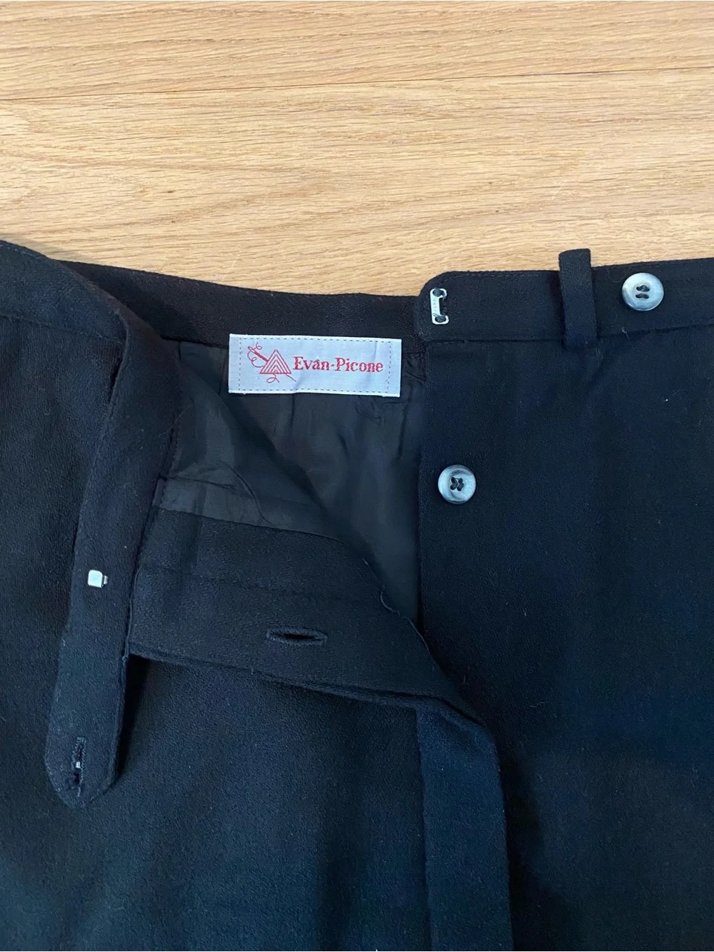 Vintage Evan-Picone Black Wool Blend Button Front Midi Skirt ILGWU